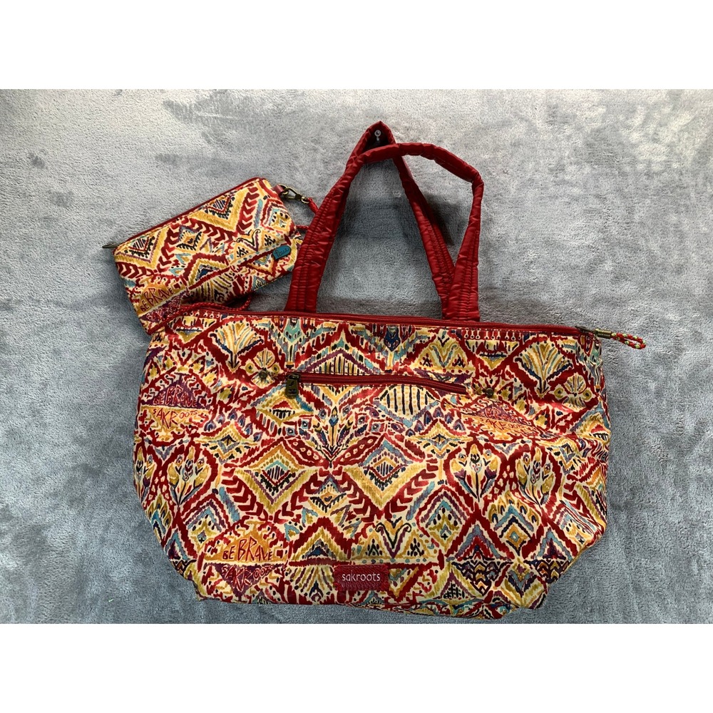 Sakroots Reversible Be Brave Tribal Red Quilted Tote Bag and Wallet Pouch Boho